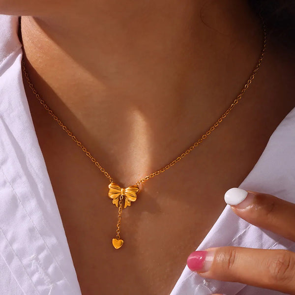Titanium Steel Gold Plated Bow Pendant Necklace Necklaces & Pendants