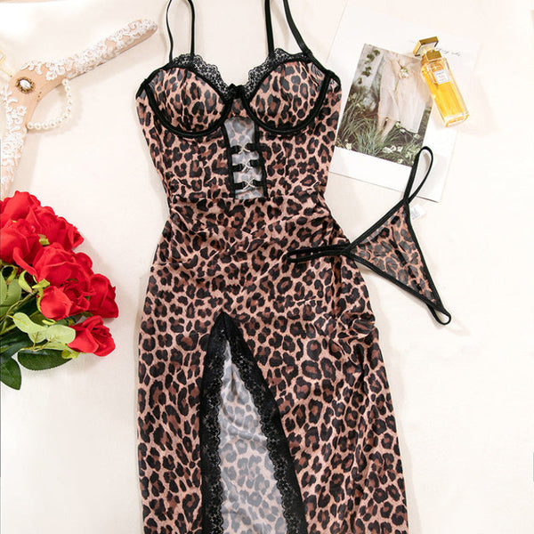 Leopard Print Sheer Strapless Dress With Lace Hem And Slit For Women Dresses