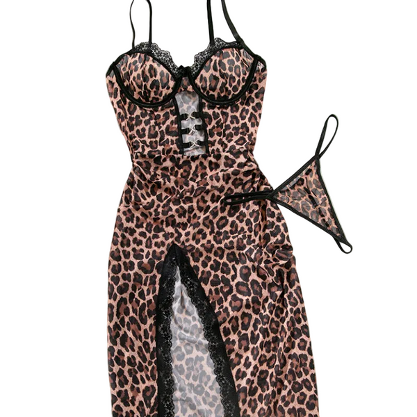 Leopard Print Sheer Strapless Dress With Lace Hem And Slit For Women Dresses