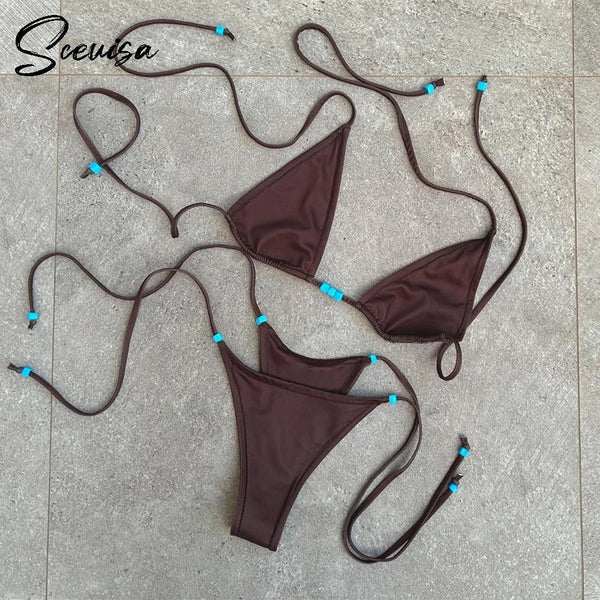 Bikini  Low Waist Tied Set Solid Color Halter Swimwear