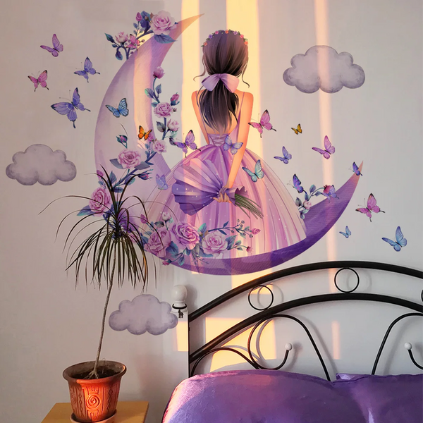 Cartoon Moon Butterfly Girl's Back Self Adhesive Wall Stickers For Kids Room Girls Decoration Bedroom Wall Decals & Stickers