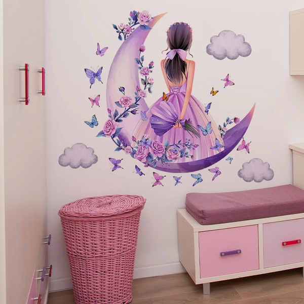 Cartoon Moon Butterfly Girl's Back Self Adhesive Wall Stickers For Kids Room Girls Decoration Bedroom Wall Decals & Stickers