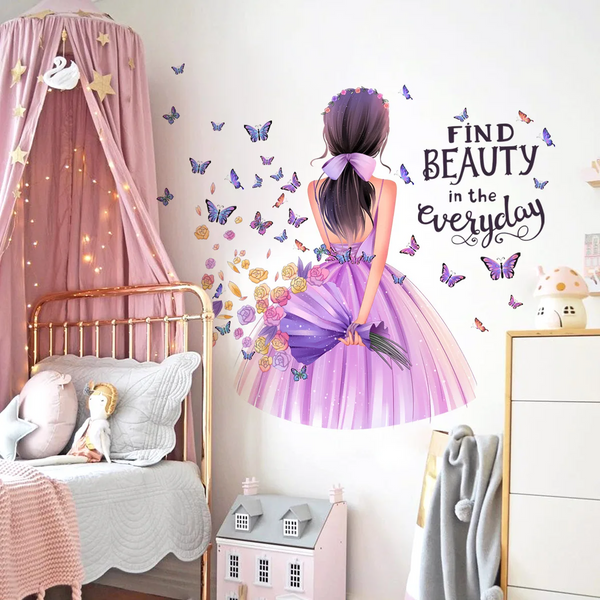 Cartoon Moon Butterfly Girl's Back Self Adhesive Wall Stickers For Kids Room Girls Decoration Bedroom Wall Decals & Stickers