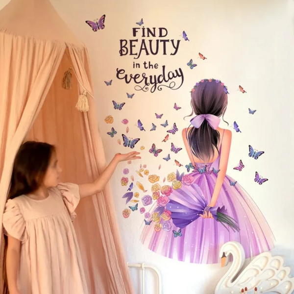 Cartoon Moon Butterfly Girl's Back Self Adhesive Wall Stickers For Kids Room Girls Decoration Bedroom Wall Decals & Stickers