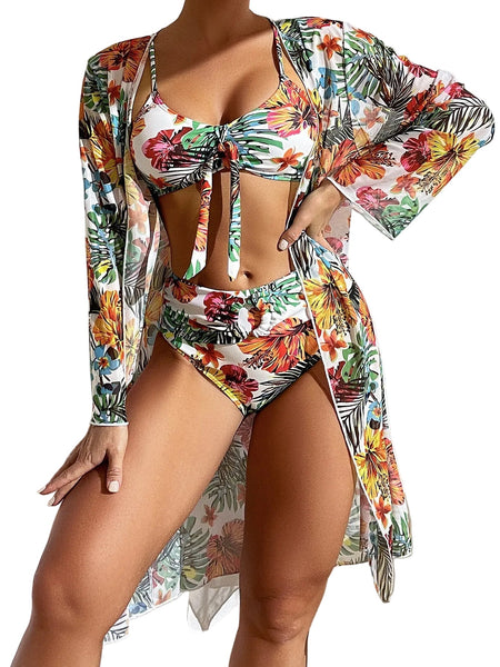 Long Top Split Three Piece Printed  Swimsuit Women's Bikini Swimwear