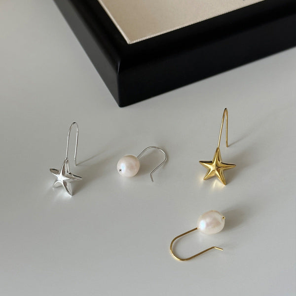 Veile Studios Retro Literary Natural Pearl Asymmetric Star Design Silver Needle Earrings