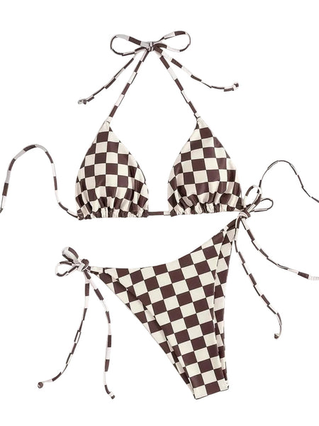 Lace Up Multi Color Checkered Split Swimsuit Women's Bikini Swimwear