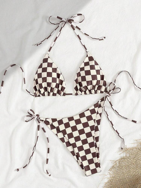 Lace Up Multi Color Checkered Split Swimsuit Women's Bikini Swimwear