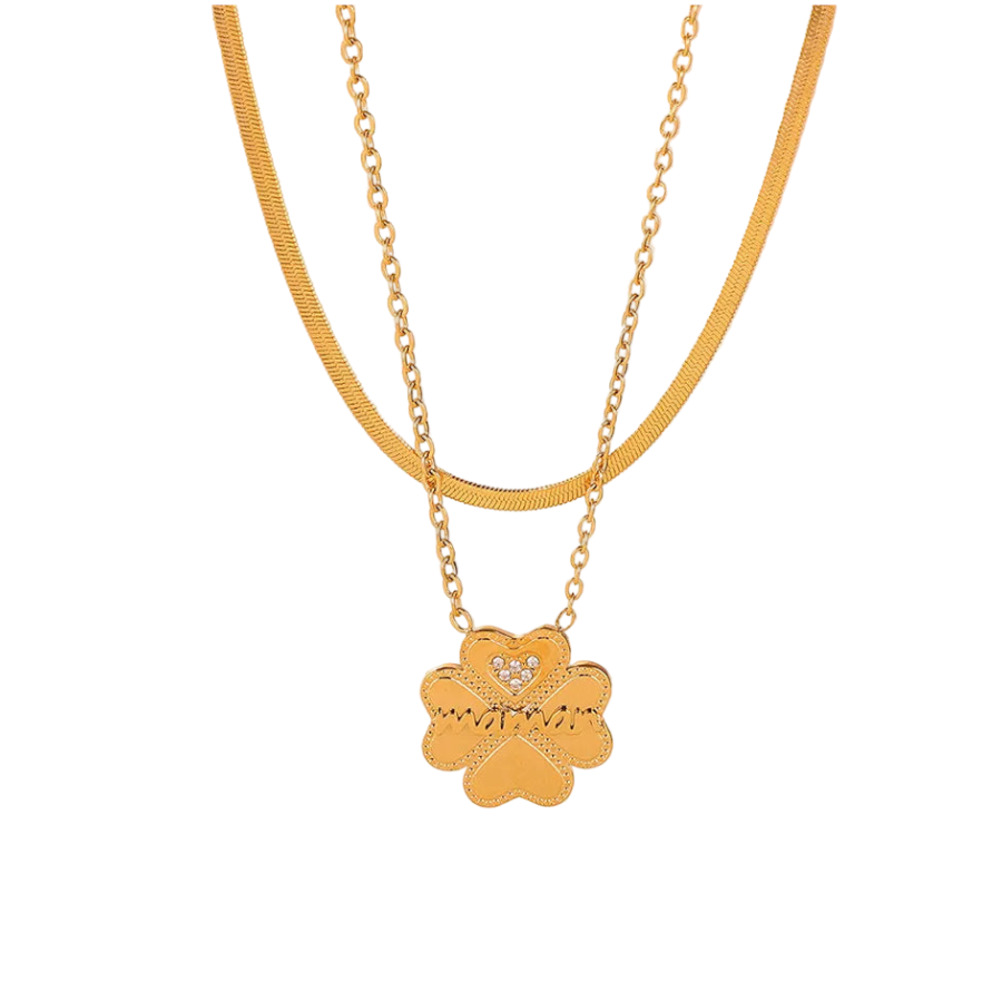 2 Piece 18K Gold Plated Inlaid Zircon Lucky Clover Necklace Necklaces & Pendants