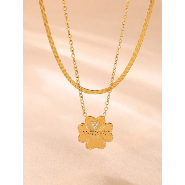 2 Piece 18K Gold Plated Inlaid Zircon Lucky Clover Necklace Necklaces & Pendants
