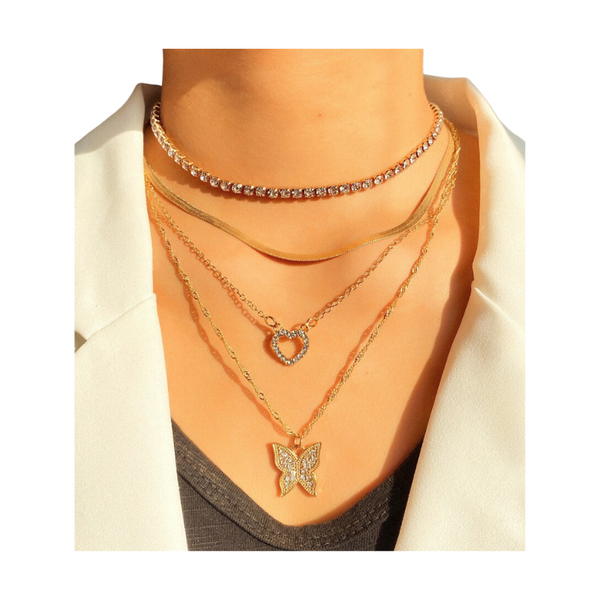 Veile Studios Butterfly Studded Diamond Tassel Multi Layer Pendant Necklace For Women Fashion Jewellery Necklaces & Pendants