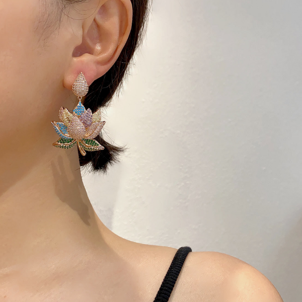 Veile Studios Lotus Plant Flower Inlaid Diamond Shaped Copper Earrings