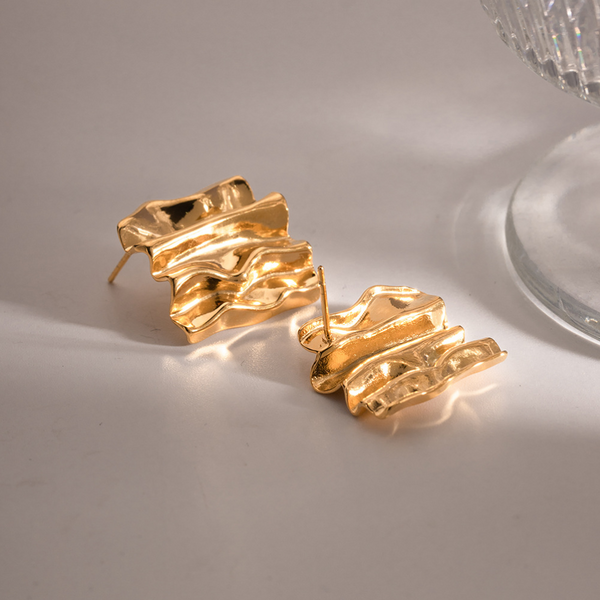 Veile Studios Rectangular Pleated Retro Personalized Exaggerated Golden Ripple Earrings
