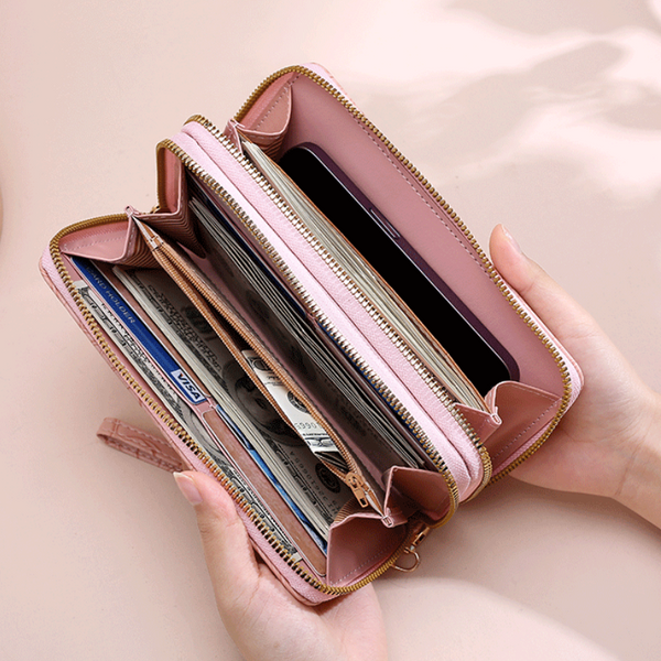 Elosung 2 Pcs Pink Elegant Floral Embossed Long Wallet With Double Zipper Wallets