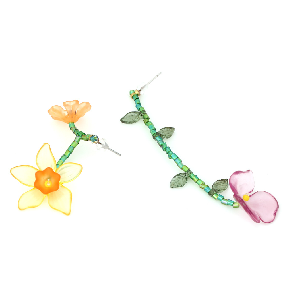 Veile Studios Personalized Asymmetric Handwoven Flower Crafted From Plastic Resin Earrings