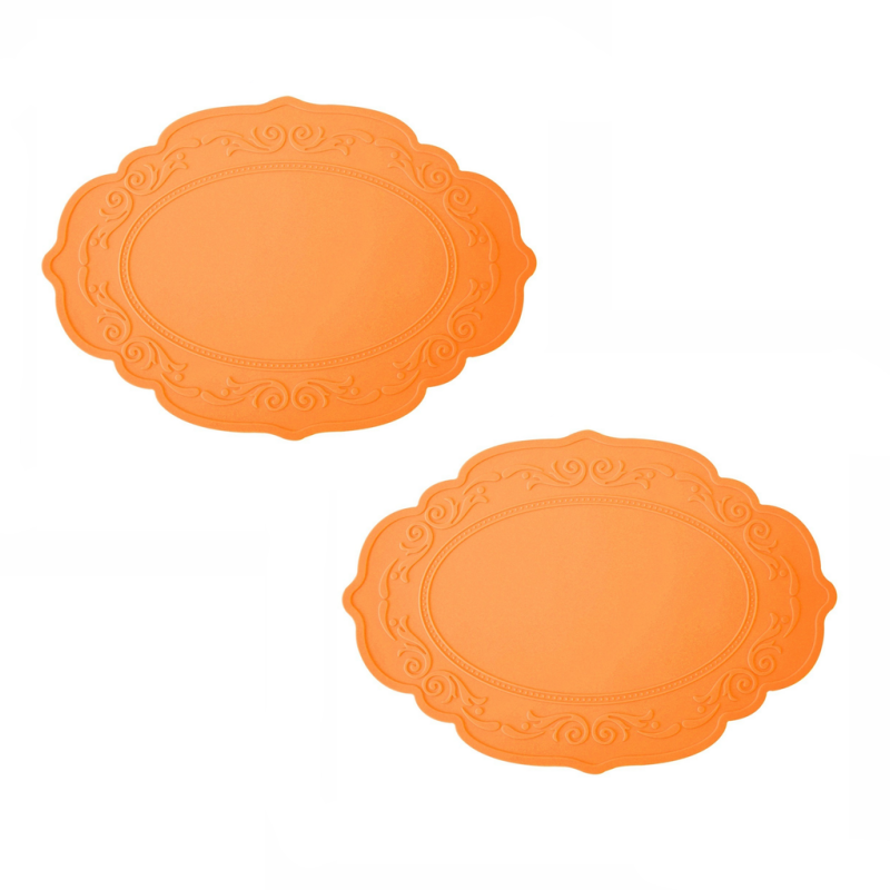 Elosung 2 Pcs Orange Oval Embossed Floral Edged Silicone Non Slip Heat Resistant Easy To Clean Dining Table Mats Korean And Style Placemats