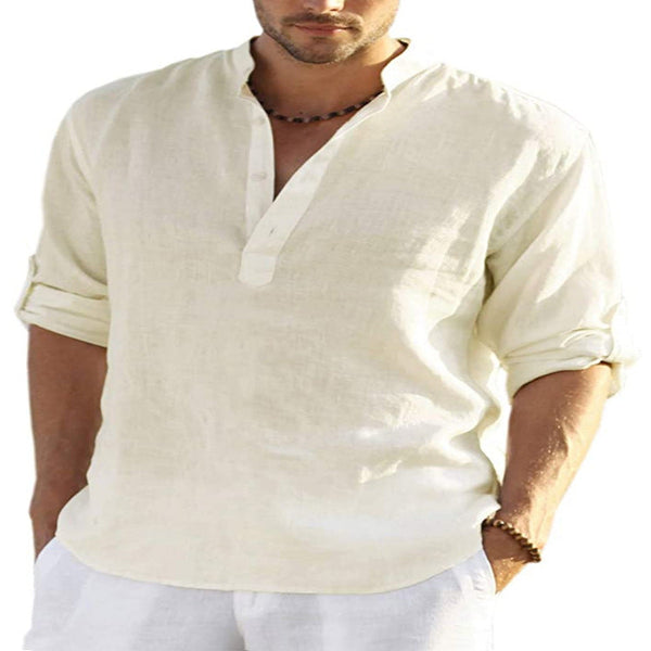 Men's Casual Cotton Linen Solid Color Long Sleeve Shirt Loose Stand Collar Casual Shirts