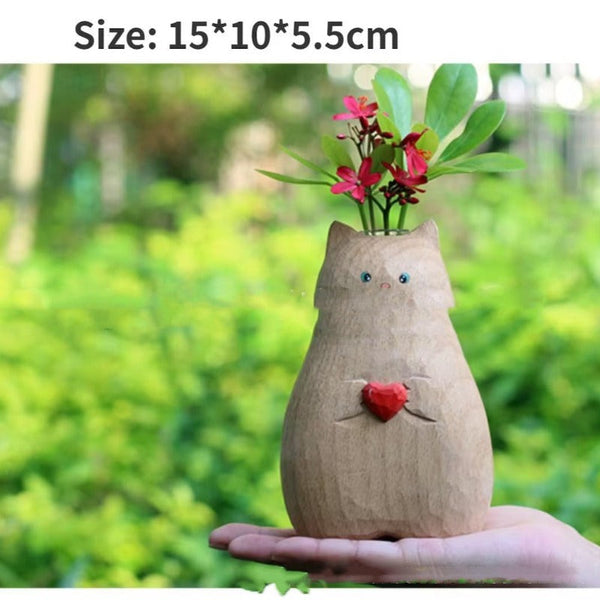 Vases Creative Heart Cat Vase Handmade Christmas Wooden Love Log Crafts
