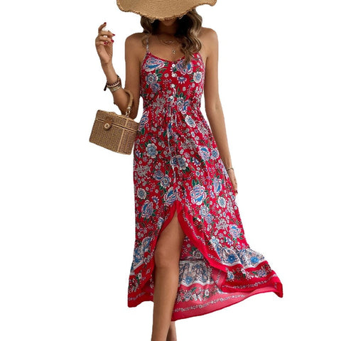 Floral Printed Dress Sling Women Thin Strap Flowers Red Dresses
