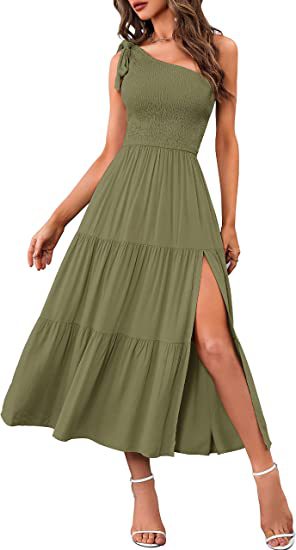 One Shoulder Pleated Layered Hem Split Womens Summer Unique Design Dresses