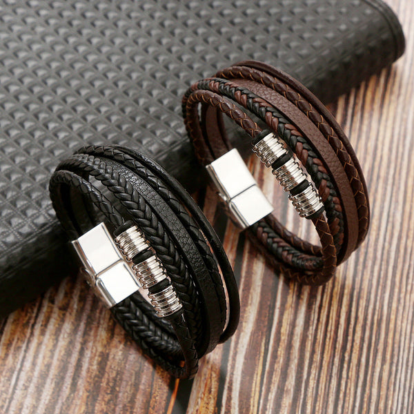Veile Studios Mens Leather Magnetic Buckle Woven Bracelet Electroplating Black Bracelets