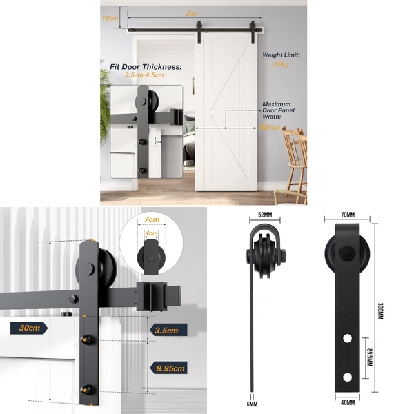 2M Heavy Duty Sliding Barn Single Door Hardware Kit Damper Track Rail Roller System Sliding Door Hardware