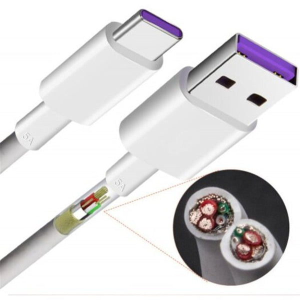2Pcs 2M 5A Usb Type C Super Fast Charging Cable For Huawei P20 Pro / P10 P9 White Cables & Adapters