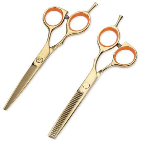 2Pcs 5.5 Inch 440C Titanium Hairdressing Scissors Shears Kit Barber Thinning Cutting Set Golden