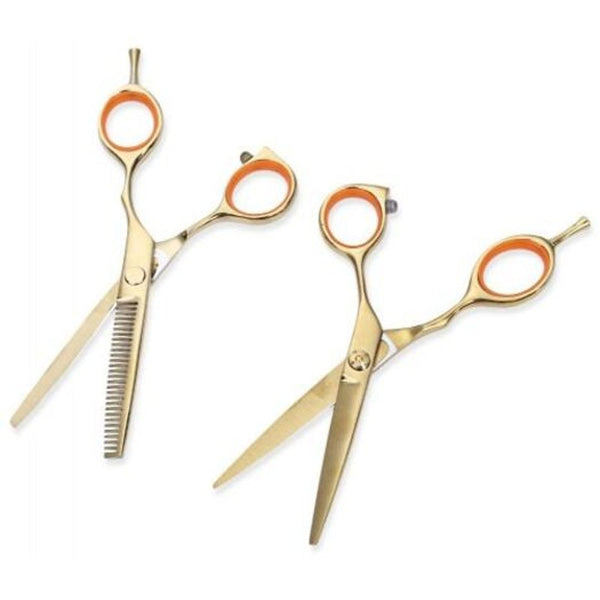 2Pcs 5.5 Inch 440C Titanium Hairdressing Scissors Shears Kit Barber Thinning Cutting Set Golden Scissors & Shears