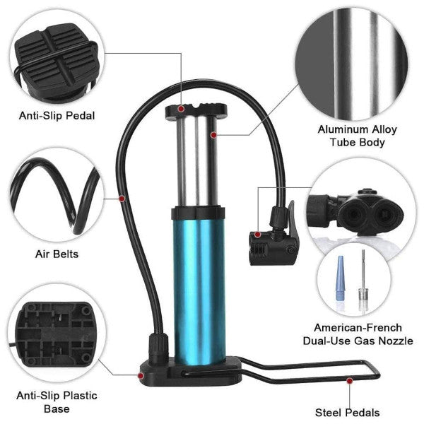 Mini Bike Floor Pump Foot Activated Bicycle Mountain Air Tire Blue