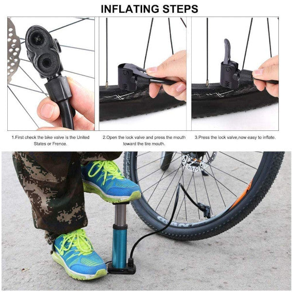 Mini Bike Floor Pump Foot Activated Bicycle Mountain Air Tire Blue Pumps