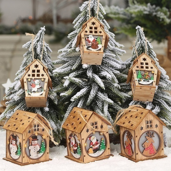 Seasonal Decorations Wooden Xmas Light Decoration Colourful Cabin Ornaments Double Layer Santa Claus
