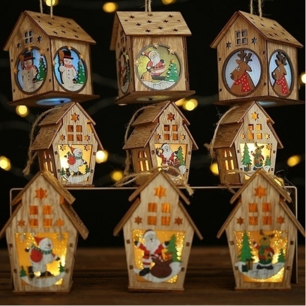 Seasonal Decorations Wooden Xmas Light Decoration Colourful Cabin Ornaments Double Layer Santa Claus