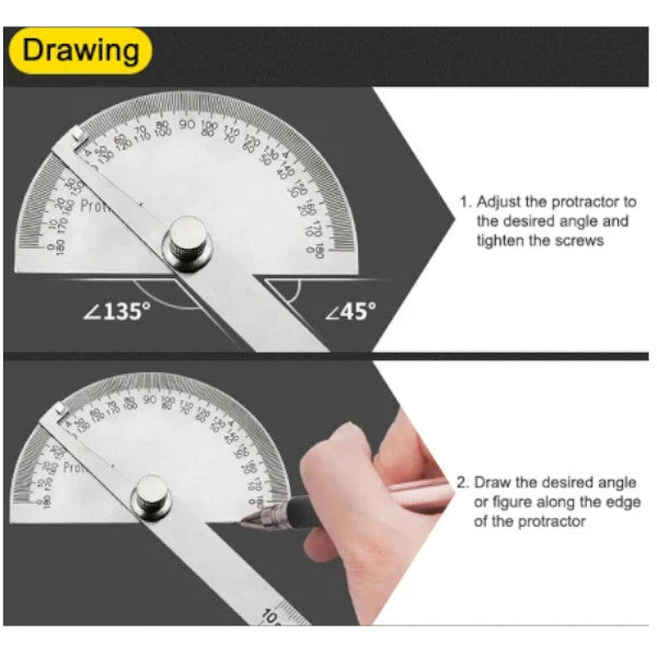 2Pcs Stainless Steel Protractor Angle Finder Arm Measuring Round Head Ruler Protractors