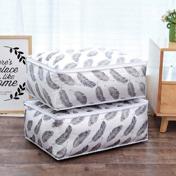2Pcs Foldable Feather Design Storage Bag Organizer Clothes Blanket Quilt Pouch Closet Organisers