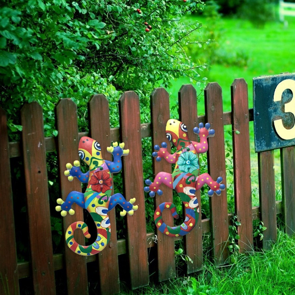 2Pcs Metal Gecko Art Craft Sculptures Lizard For Outdoor Backyard Porch Lawn Fence Garden Wall Decor Wall Hangings