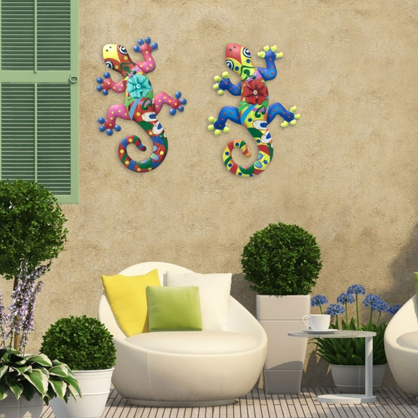 2Pcs Metal Gecko Art Craft Sculptures Lizard For Outdoor Backyard Porch Lawn Fence Garden Wall Decor Wall Hangings