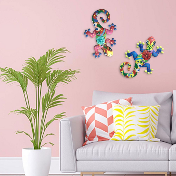 2Pcs Metal Gecko Art Craft Sculptures Lizard For Outdoor Backyard Porch Lawn Fence Garden Wall Decor Wall Hangings