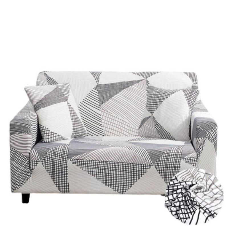 2 Seater Sofa Cover White Geometric Style Elastic Stretchable Slipcover Slipcovers