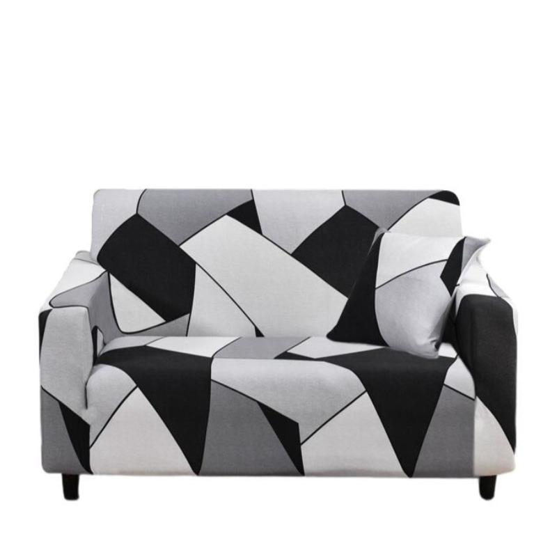 2 Seater Sofa Cover Black White Geometric Style Elastic Stretchable Slipcover Slipcovers