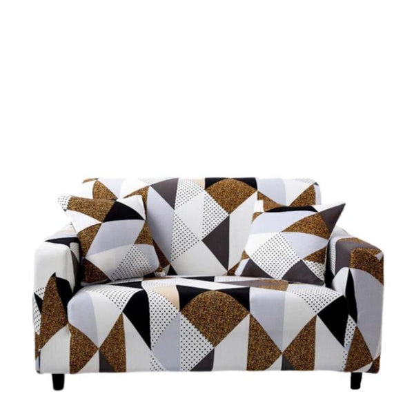 2 Seater Sofa Cover Beige Geometric Style Elastic Stretchable Slipcover Slipcovers