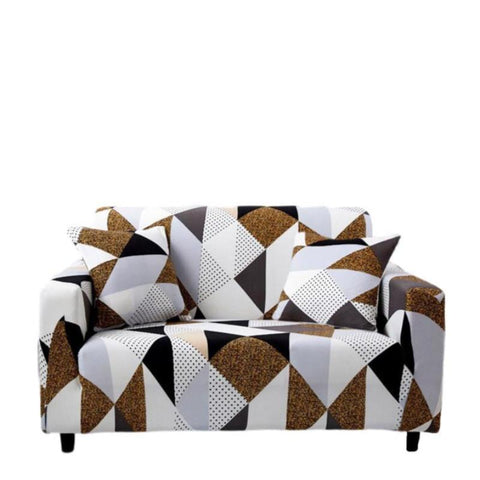 2 Seater Sofa Cover Beige Geometric Style Elastic Stretchable Slipcover Slipcovers