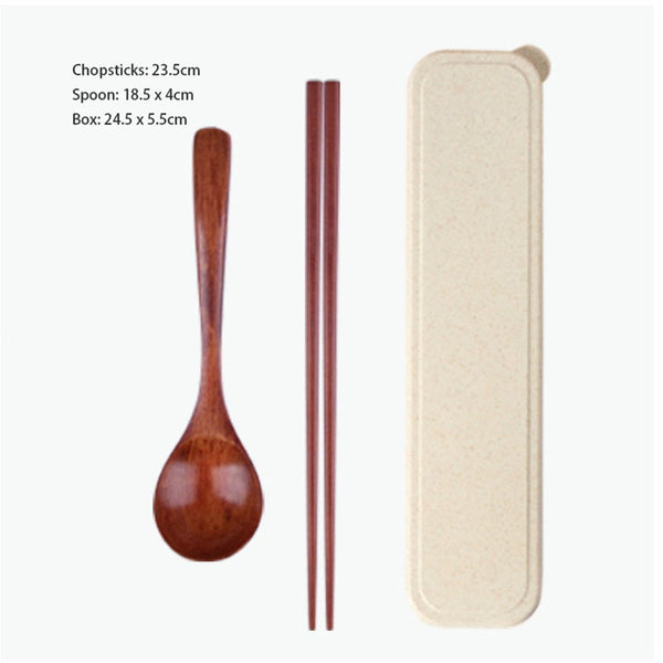 2 Sets Japanese Style Wooden Spoon Chopsticks With Portable Box Tableware