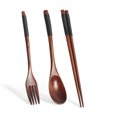 2Set Wooden Dinnerware Kitchen Tableware Fork Coffee Spoon Chopsticks Flatware Portable Dining