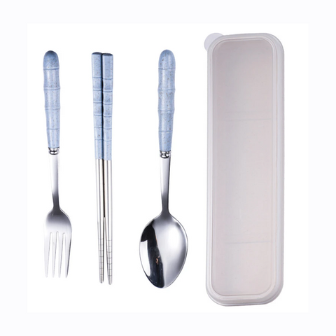 2Set Wheat Straw Stainless Steel Portable Spoon Fork Chopsticks With Storage Box