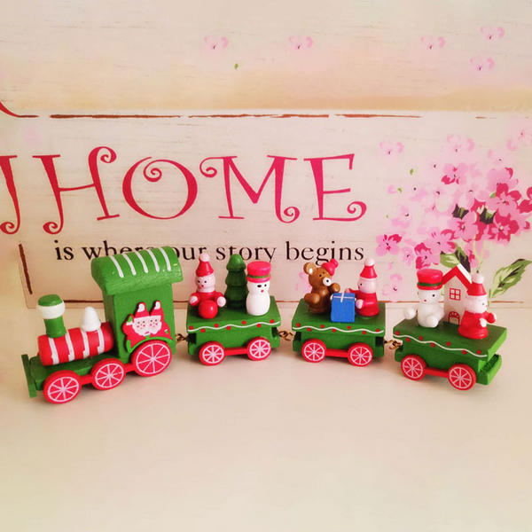 2Set Wooden Little Train Shape Craft Decoration For Christmas 4 Joints Three Green