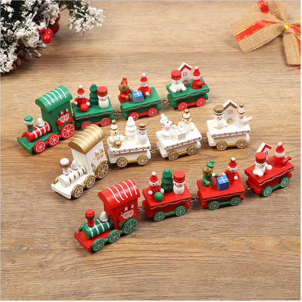 2Set Wooden Little Train Shape Craft Decoration For Christmas 4 Joints Three Green