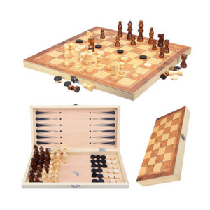3 In 1 Folding Wooden Chess Set Family Board Games Checkers Backgammon