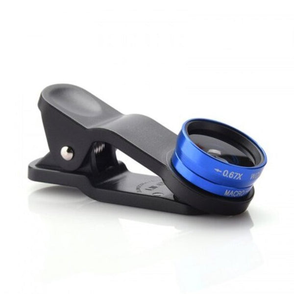 3 In1 Mobile Phone Camera Lens Kit Fish Eye Super Wide Angle With Black Universal Clip Blue