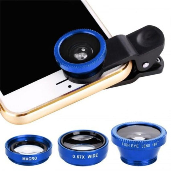 3 In1 Mobile Phone Camera Lens Kit Fish Eye Super Wide Angle With Black Universal Clip Blue Other Mobile Accessories